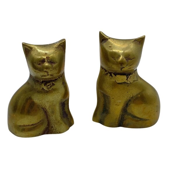 Vtg Solid Brass Pair Cat Figurines Handmade Paper Weight Korea 2.5" **NOTE** - Picture 1 of 9